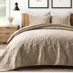 EVERGRACE Luxury Pearl Velvet Quilt Set Queen  3 Pieces, Soft Paisley-Stitch Vel